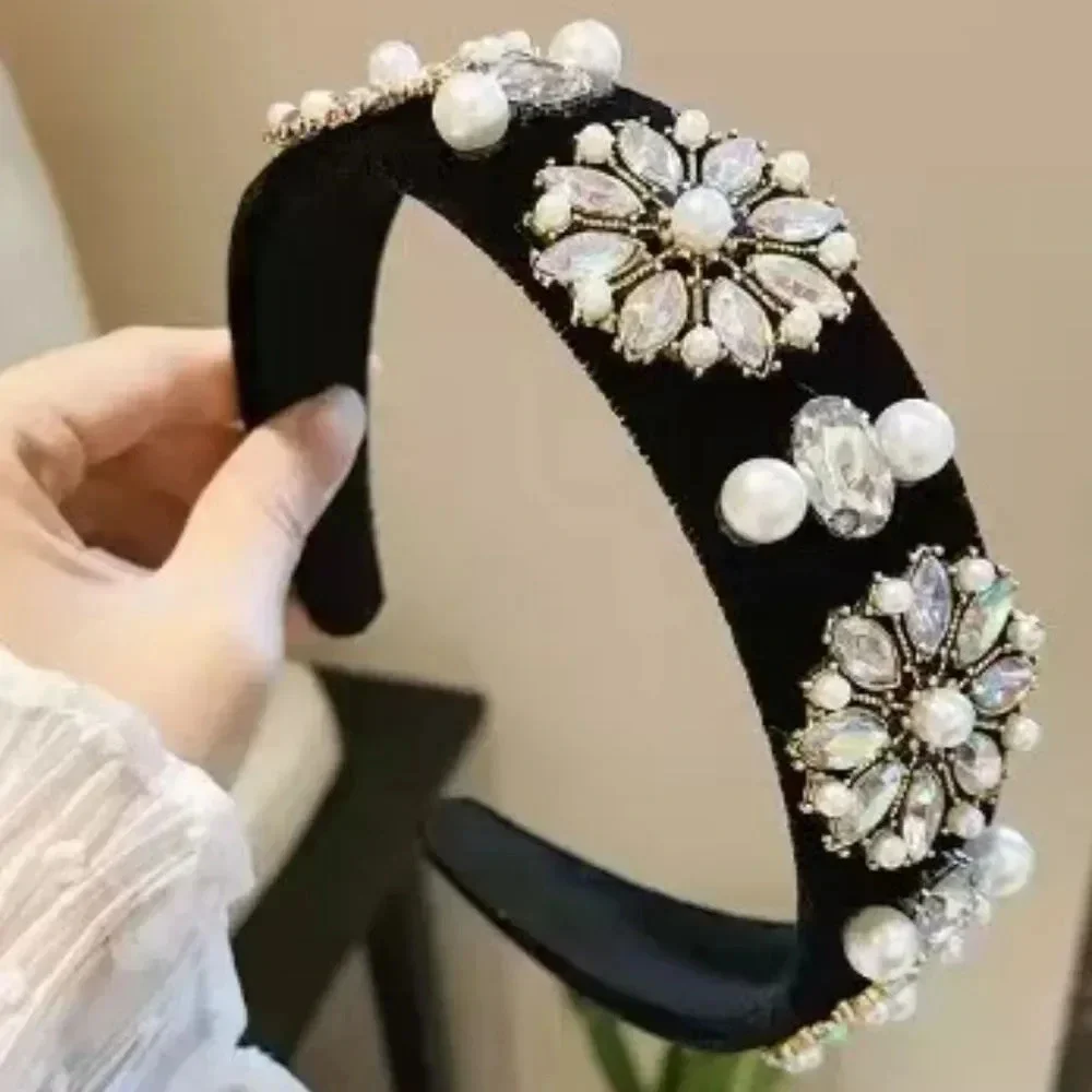 Rhinestone pearl bejeweled encrusted black velvet luxury headband